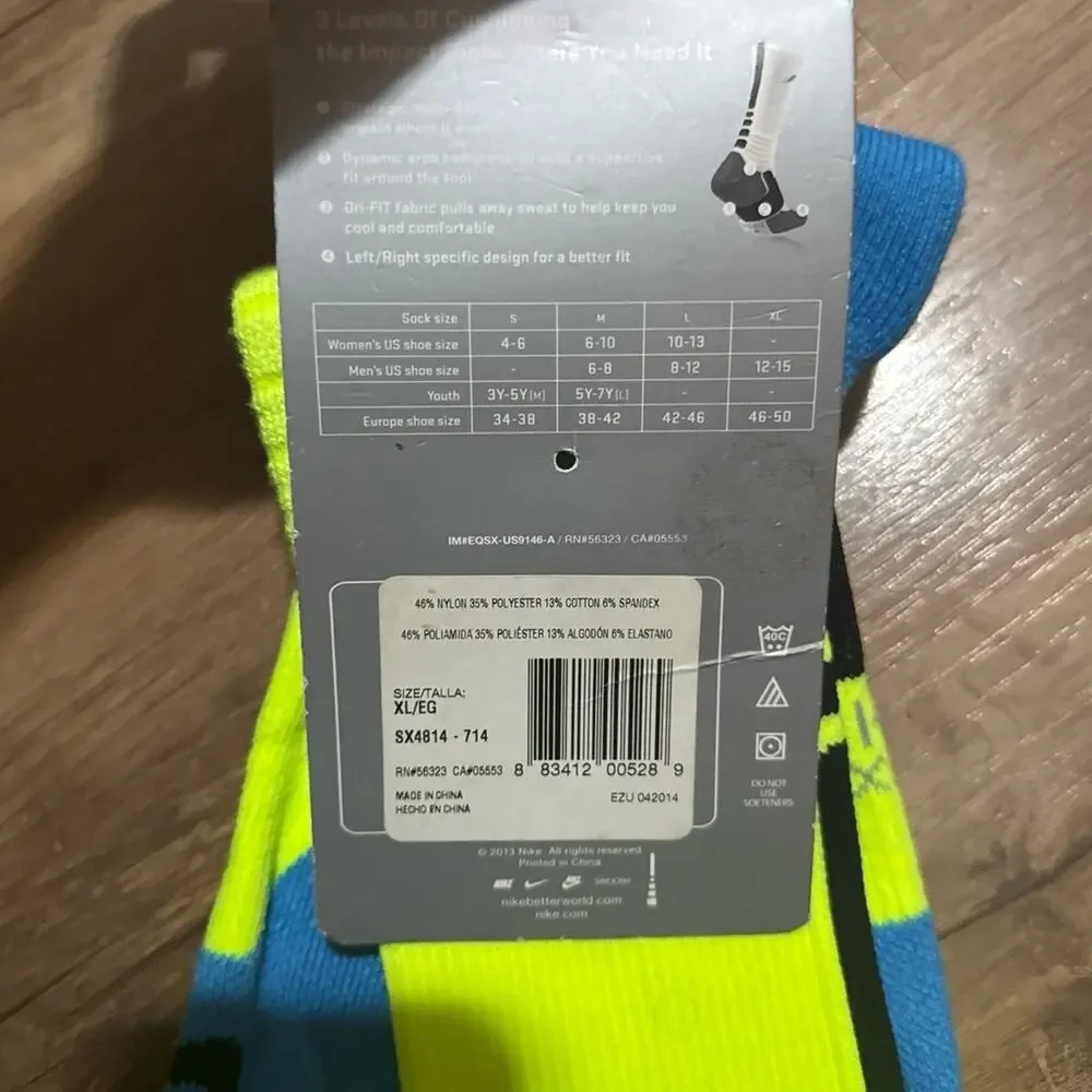 2013 Nike KD Hyper Elite Cushioned Basketball Dri-Fit Volt Blue Crew Socks